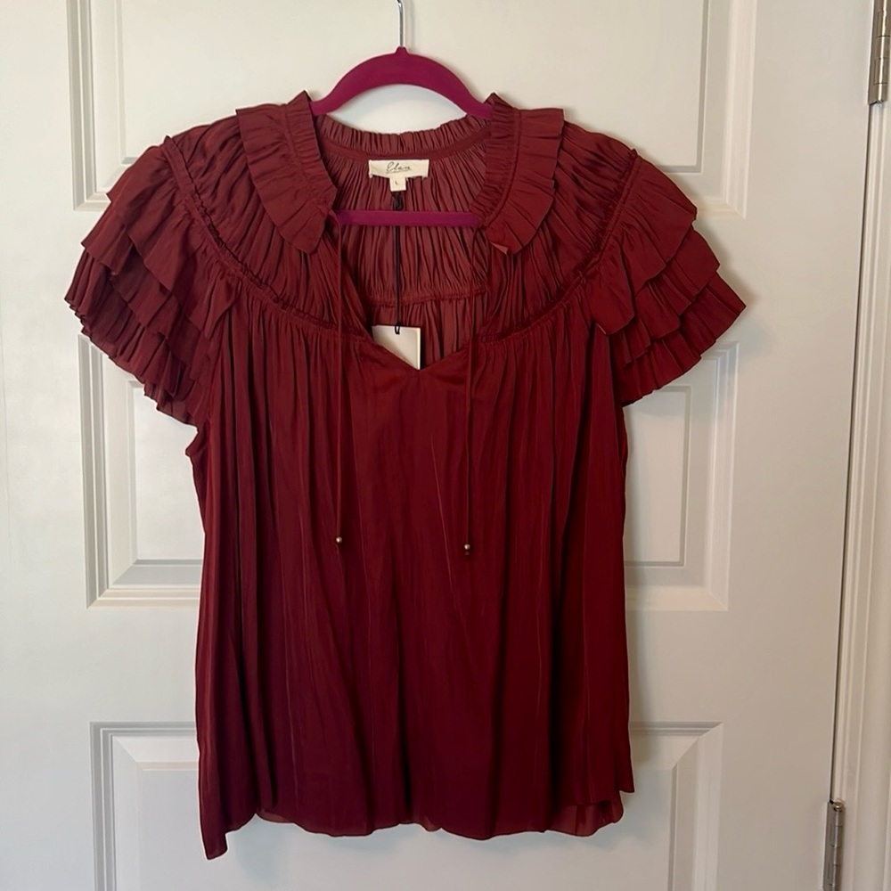 NWT Burgundy Elan Short Sleeve Ruffled Blouse